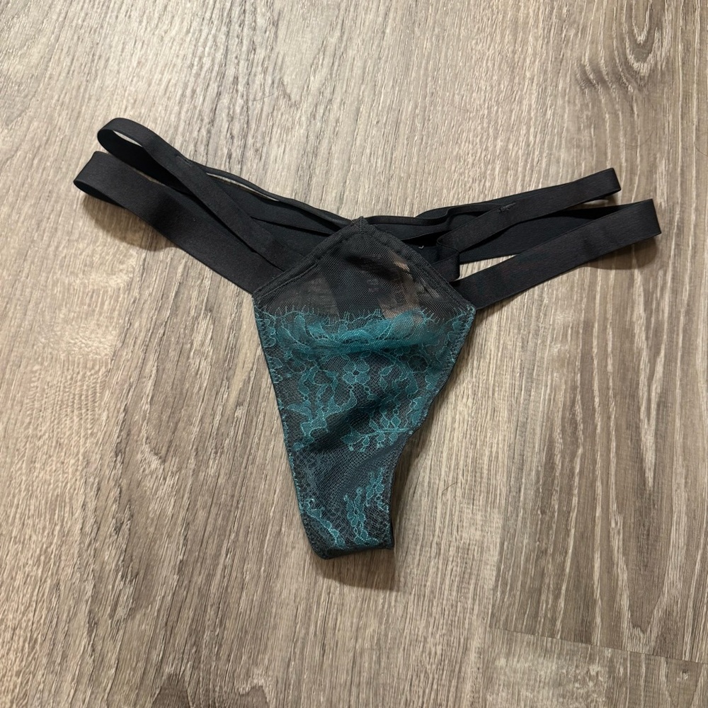 Victoria's Secret Black and Teal Lace Thong